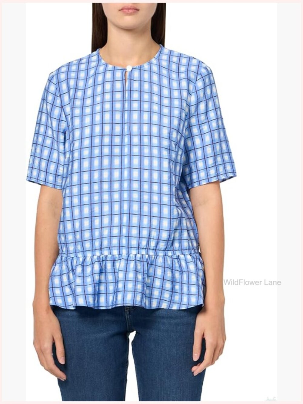 Short Sleeve Choker Neck Blouse with Ruffle Hem